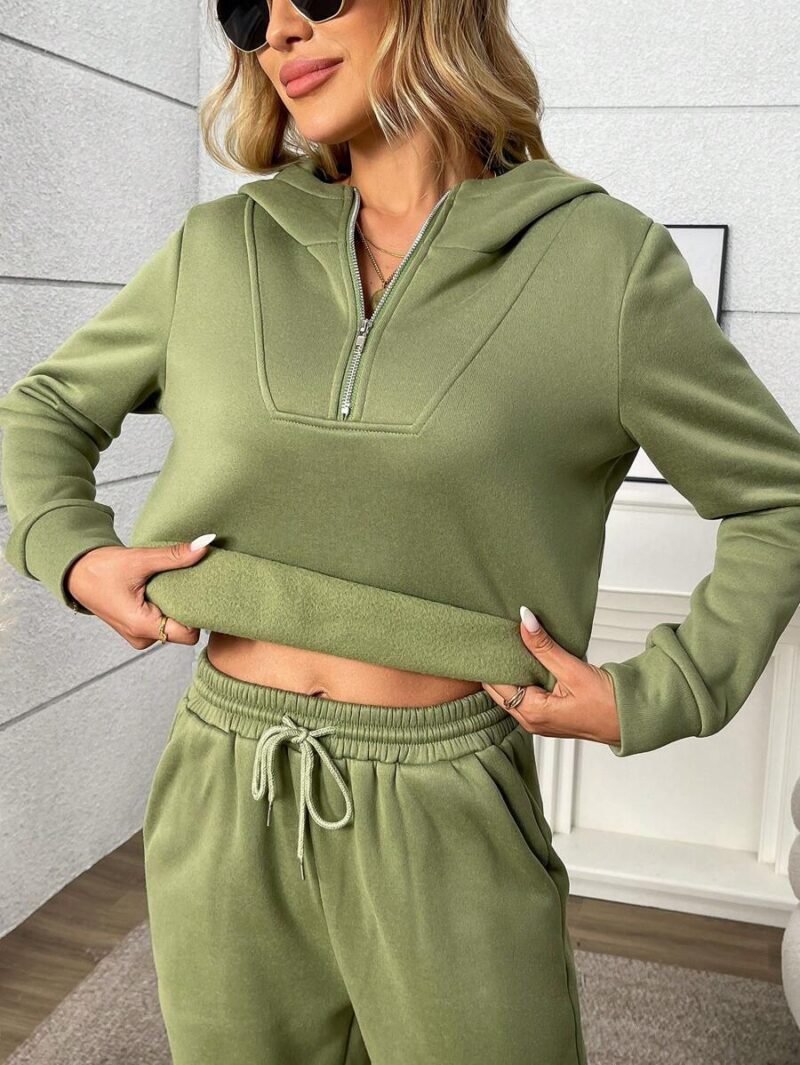 Hooded Partially Zippered Sweatshirt And Casual Pants