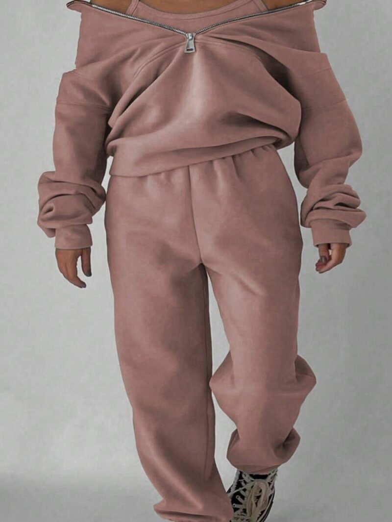 Solid Color Casual Sweatsuit Set With Sweatshirt And Sweatpants