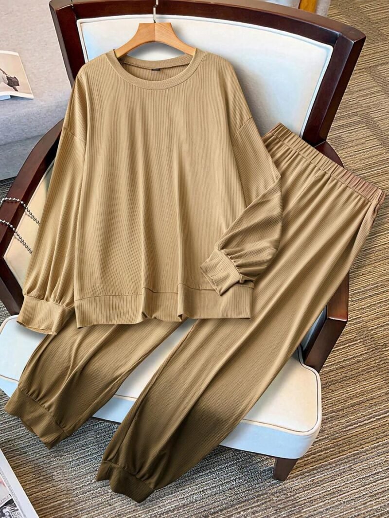 Solid Color Round Neck Long Sleeve Top And Pants