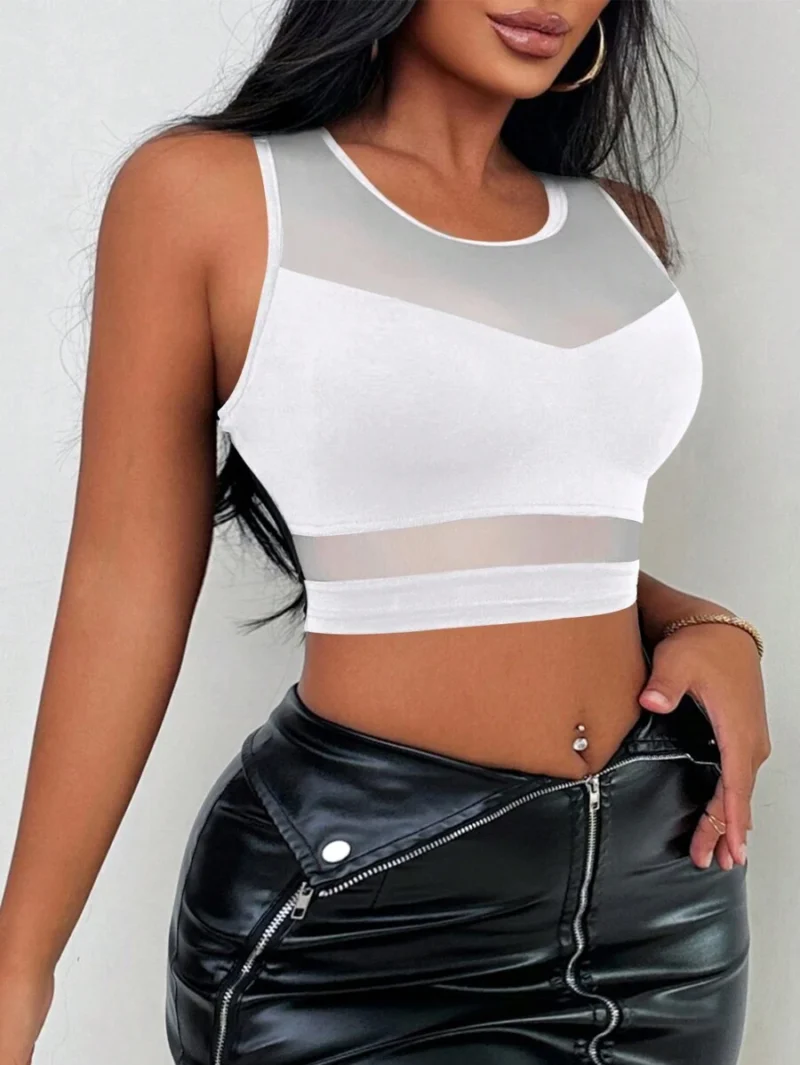 Solid Color Contrast Mesh Round Neck Crop Top