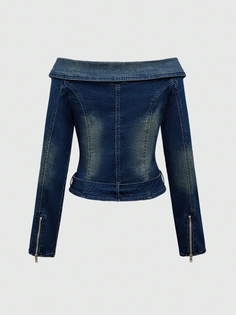 Off Shoulder Form Fitting Cropped Denim Moto Jacket