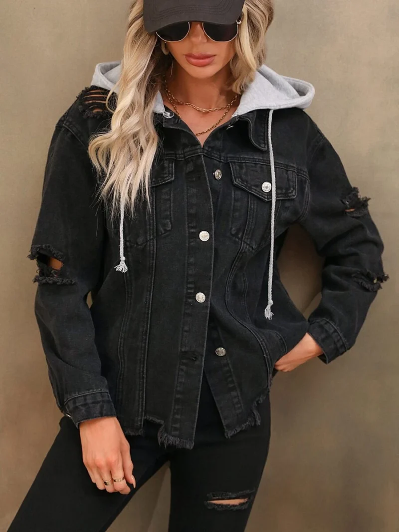 Ripped Drawstring Hooded Denim Jacket