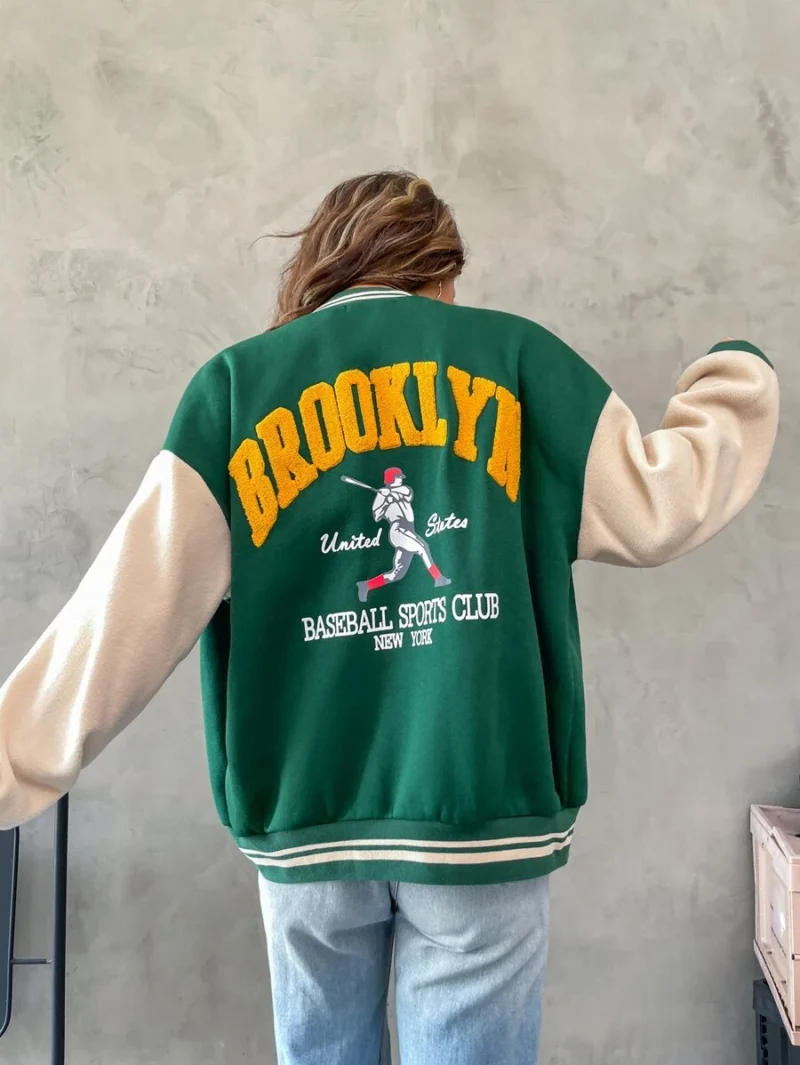 Letter Graphic Drop Shoulder Two Tone Varsity Jacket