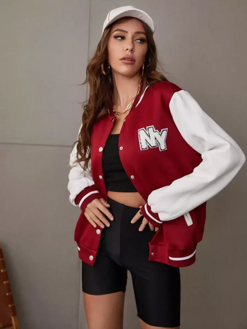 Letter Patch Detail Two Tone Varsity Jacket
