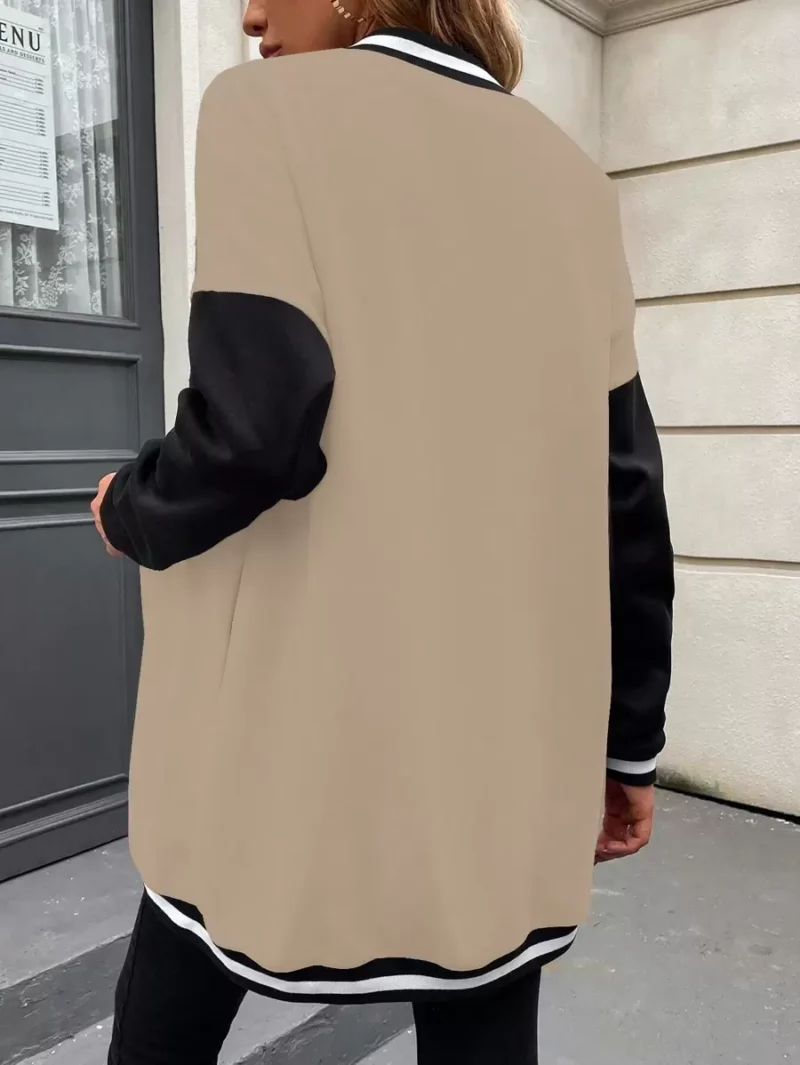 Letter Patched Striped Trim Drop Shoulder Varsity Jacket