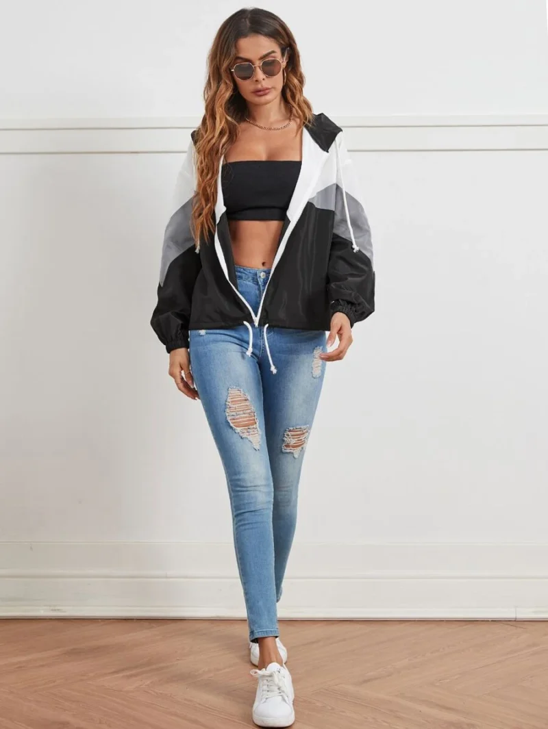 Color Block Drawstring Hooded Wind Jacket