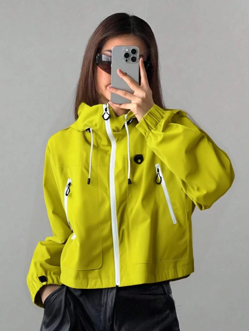 Windbreaker Jacket Lightweight Hooded and Multi Pocket Zipper Closure