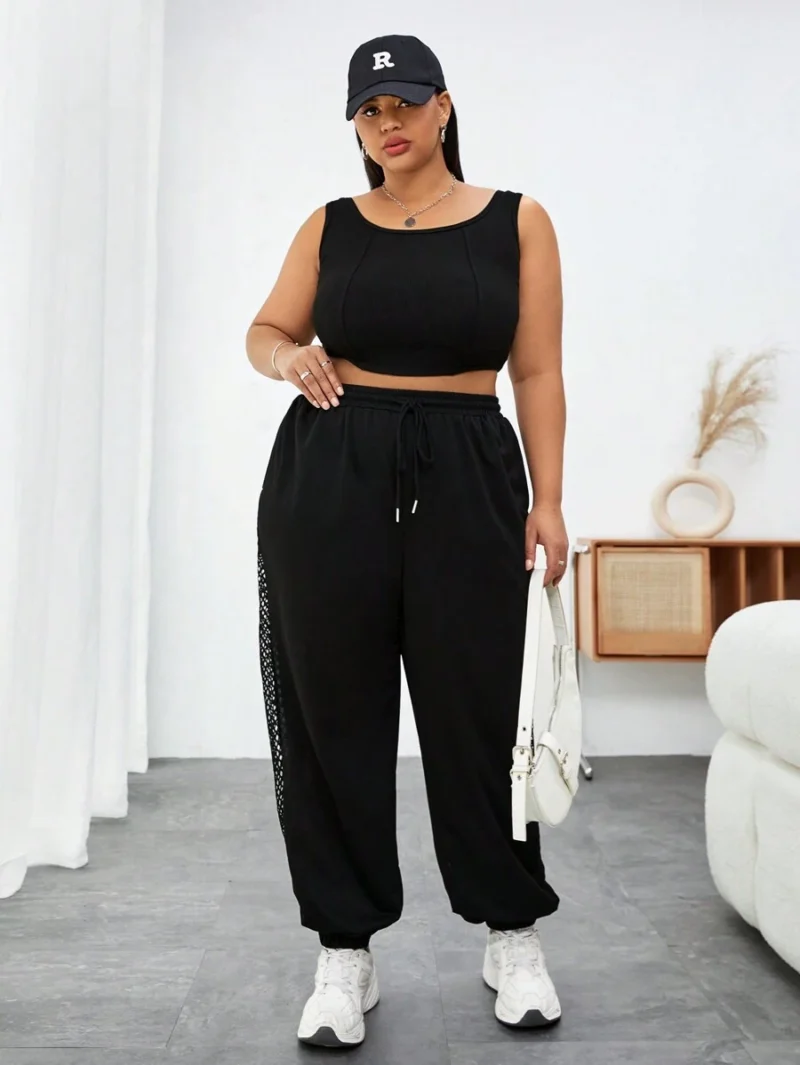 Drawstring Waist Fishnet Patchwork Baggy joggers