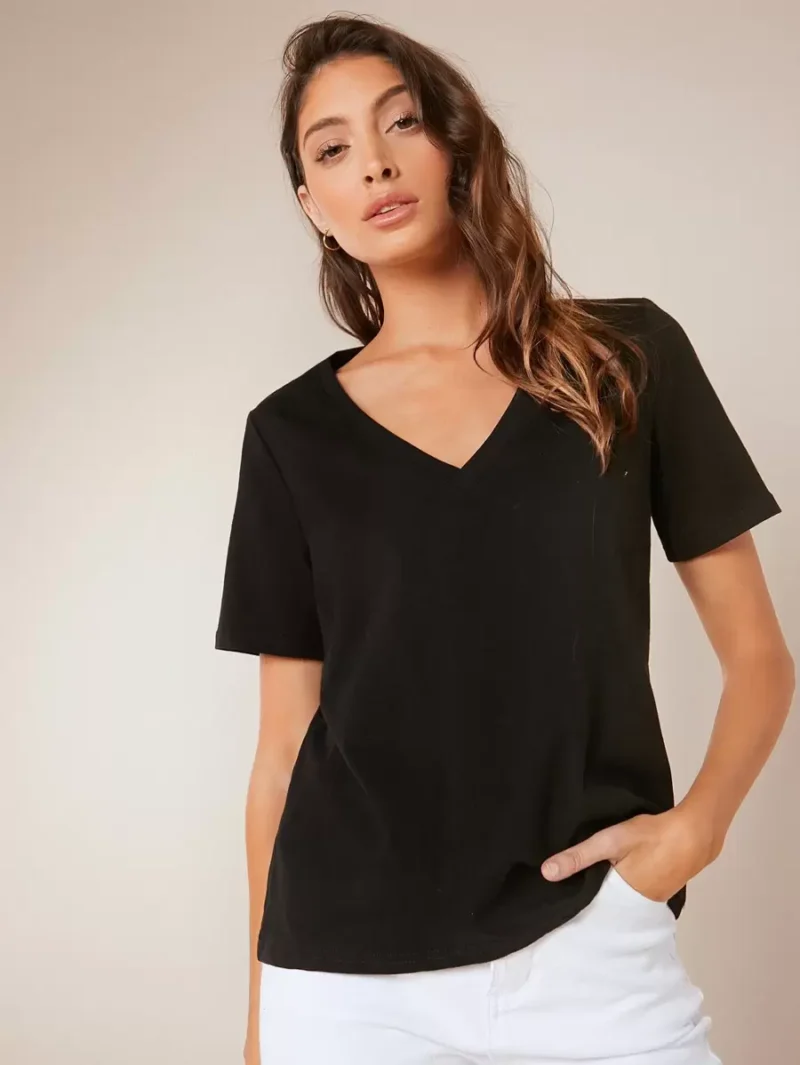 Sleeves V Neck Solid Casual Tee