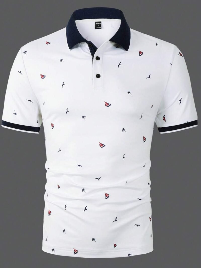 Allover Print Contrast Trim Half Button Collar