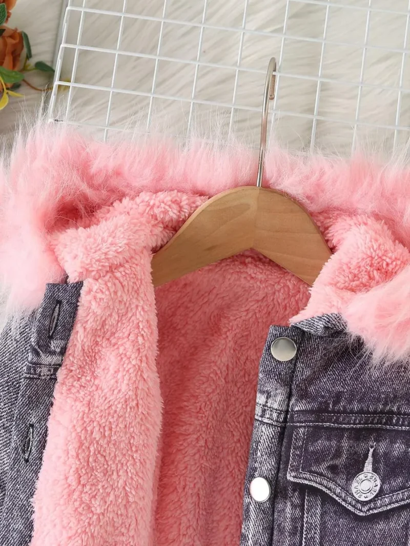 Fluffy Collar Drop Shoulder Denim Effect Thermal Lined Jacket
