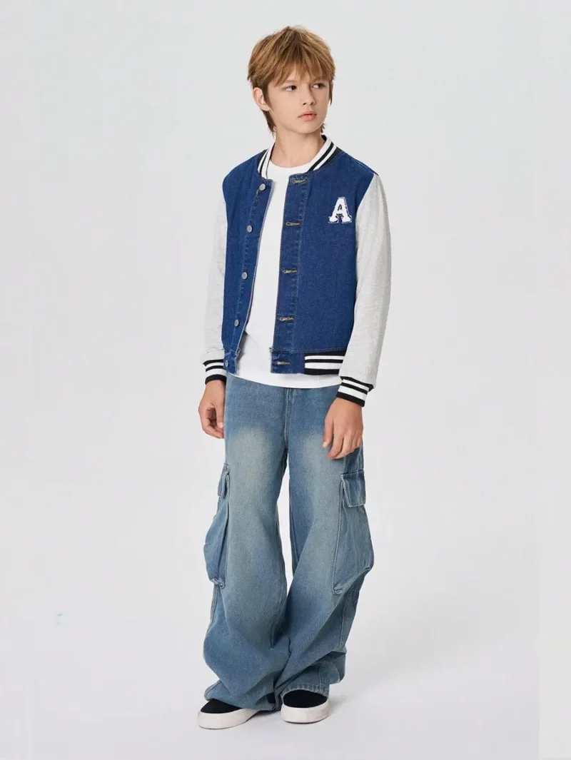 Letter Patched Striped Trim Colorblock Denim Varsity Jacket