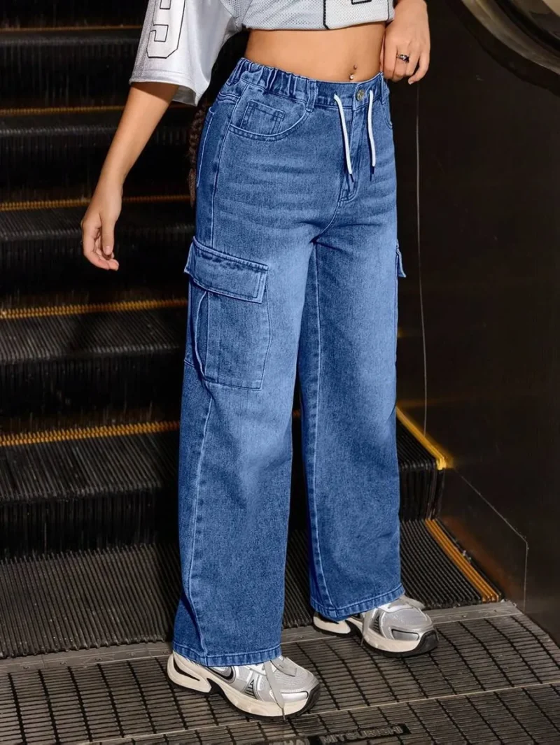 Adjustable Drawstring Waist Wide Leg Loose Comfy Jeans