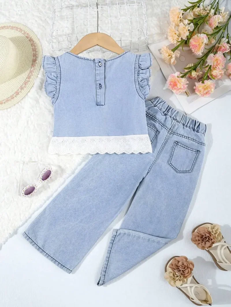 Denim Top And Wide Leg Denim Pants Set
