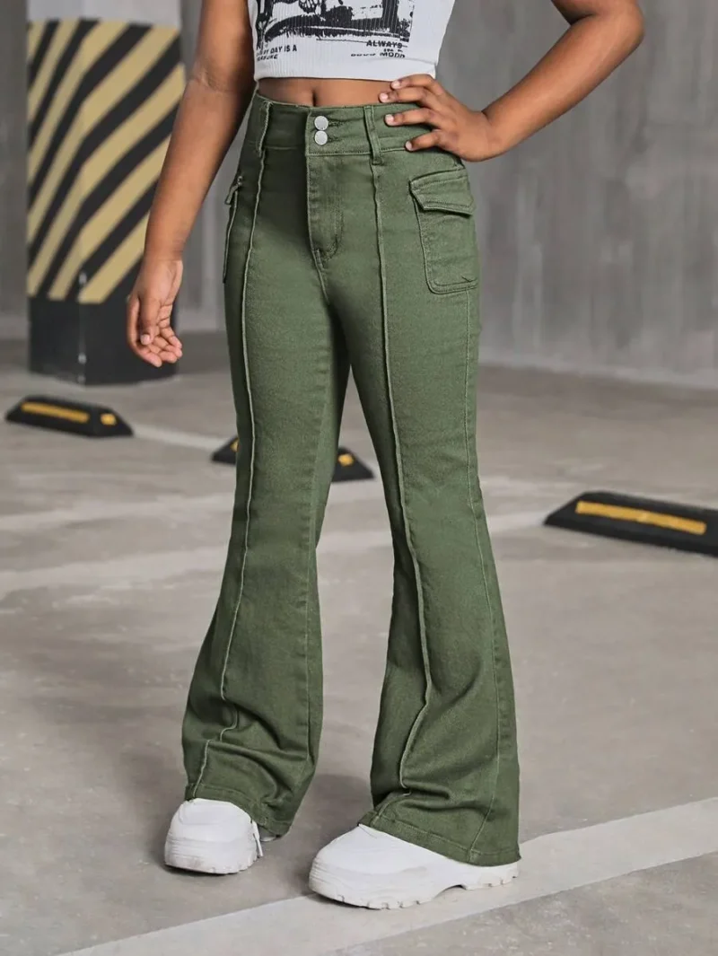 Grey Flap Detail Seam Detail Denim Flare Leg Jeans Pants