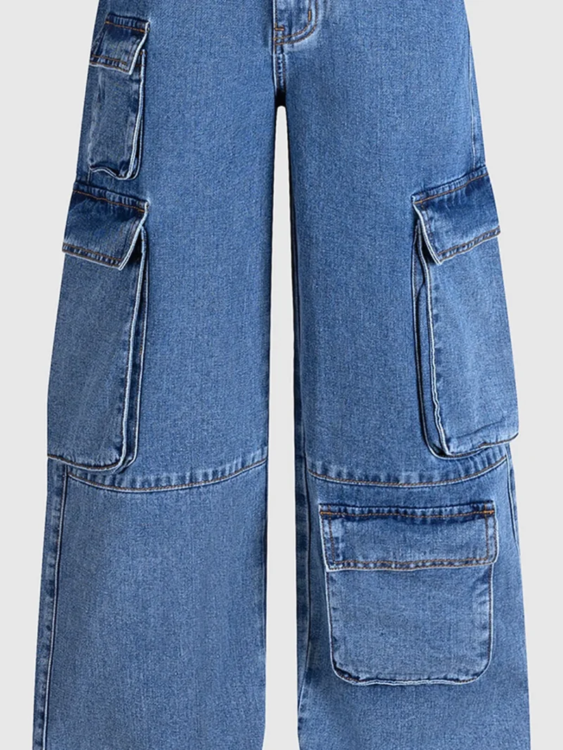 High Waist Multiple Pockets Blue Cargo Denim Jeans