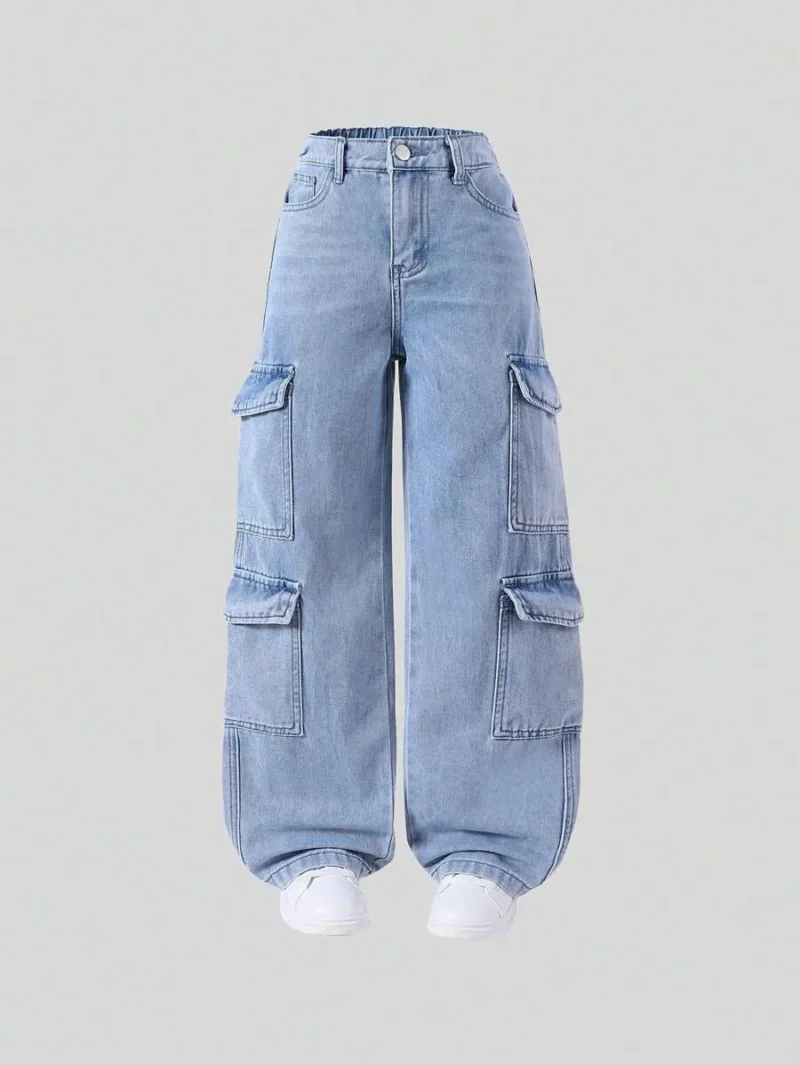 Oversized Multi Pocket Washed Light Blue Cargo Jeans