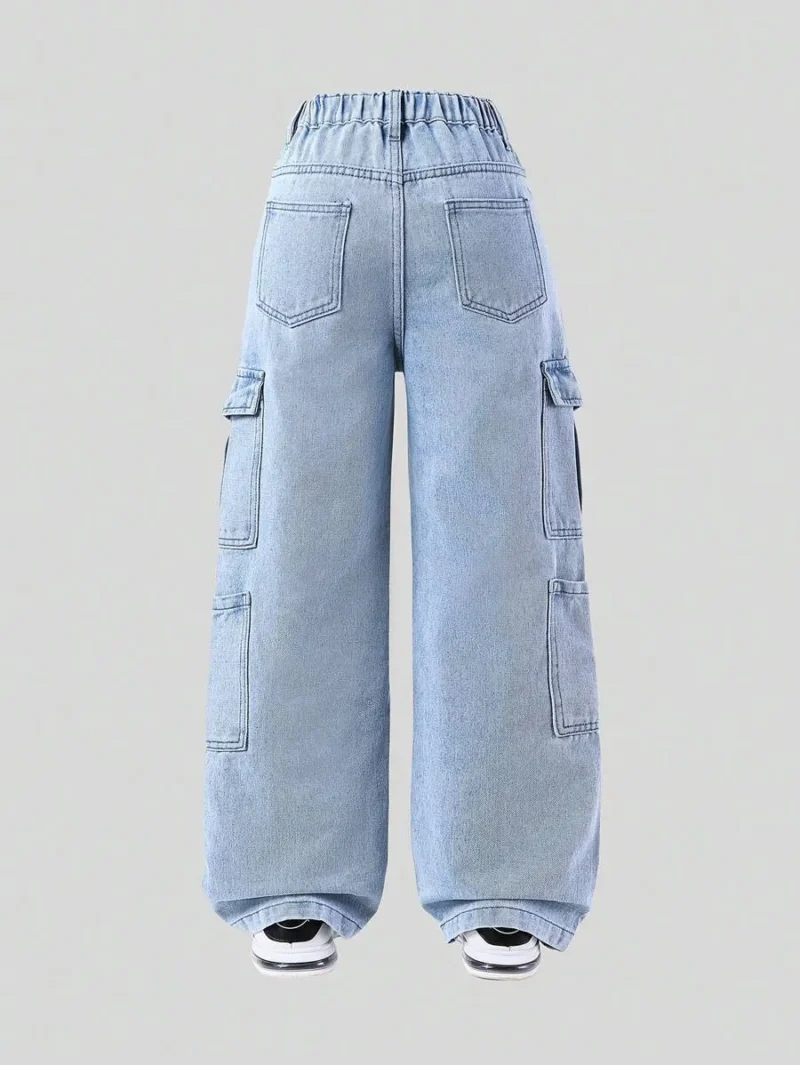 Streetwear Casual Multi Pocket Light Wash Denim Cargo Pants