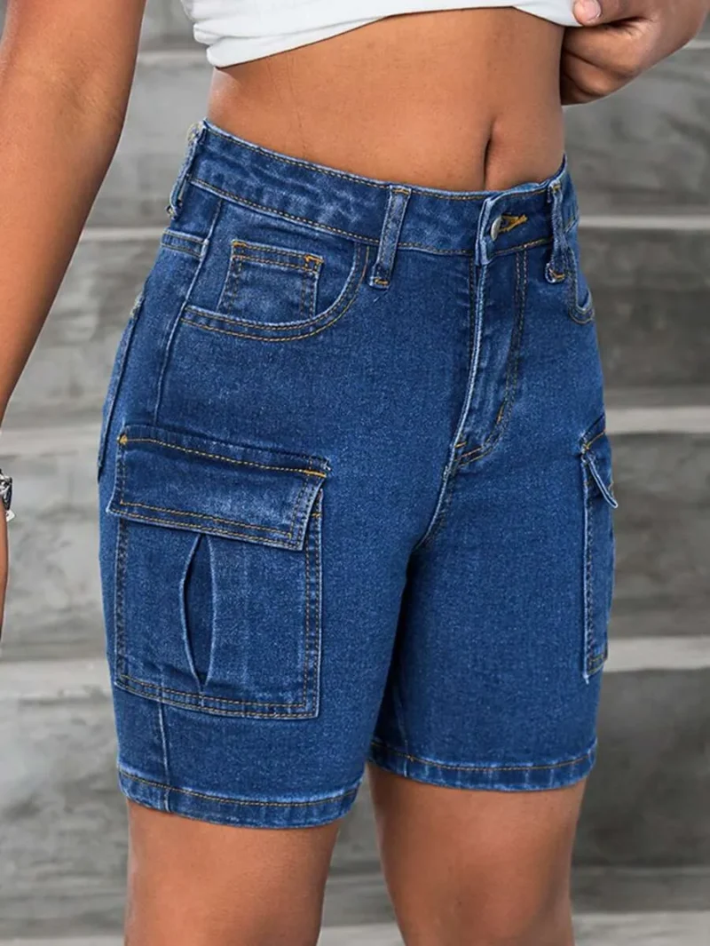 Casual Washed Tight Elasticity Denim Cargo Jeans Long Shorts