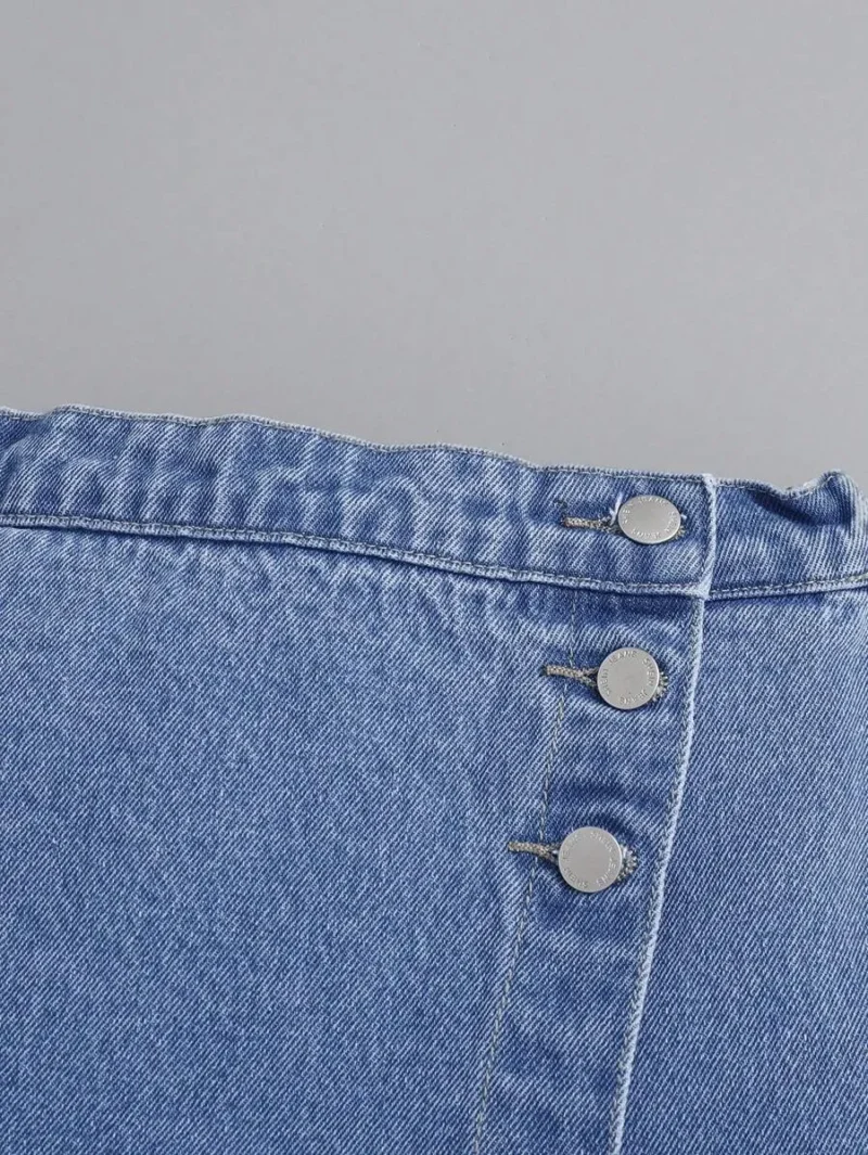 Front Button Wrap Cross Asymmetric Hem Solid Color Denim Shorts