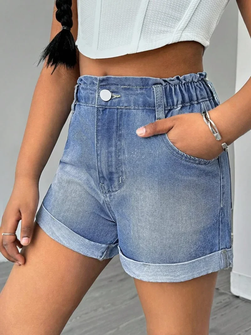 Light Blue Casual Straight Leg Roll Up Hem Denim Shorts