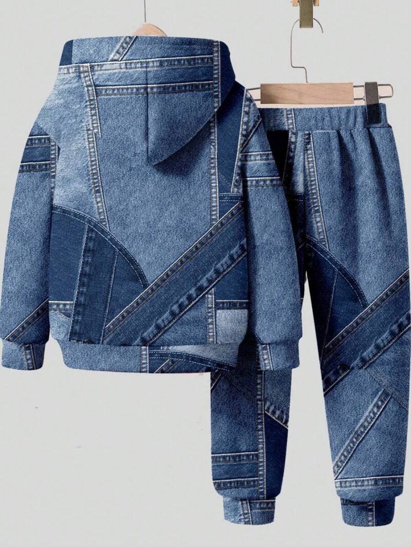 Denim Effect Hooded Sweatshirt And Sweatpants