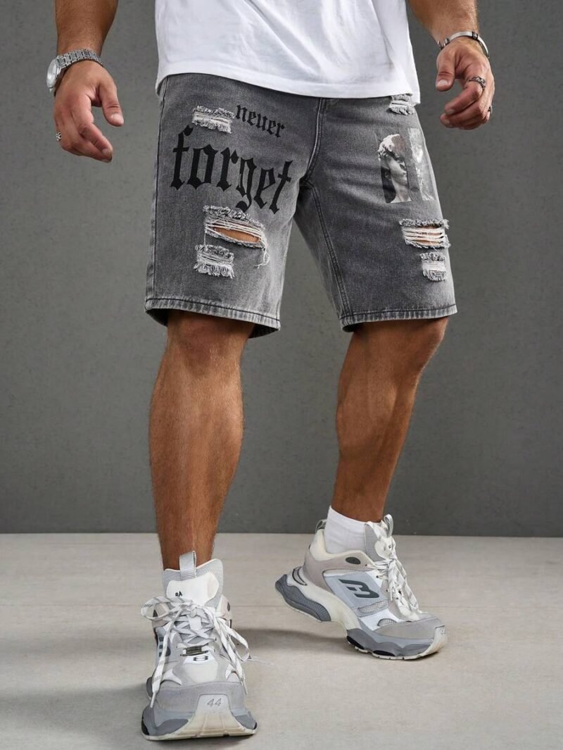 Printed Distressed Denim Shorts With Pockets