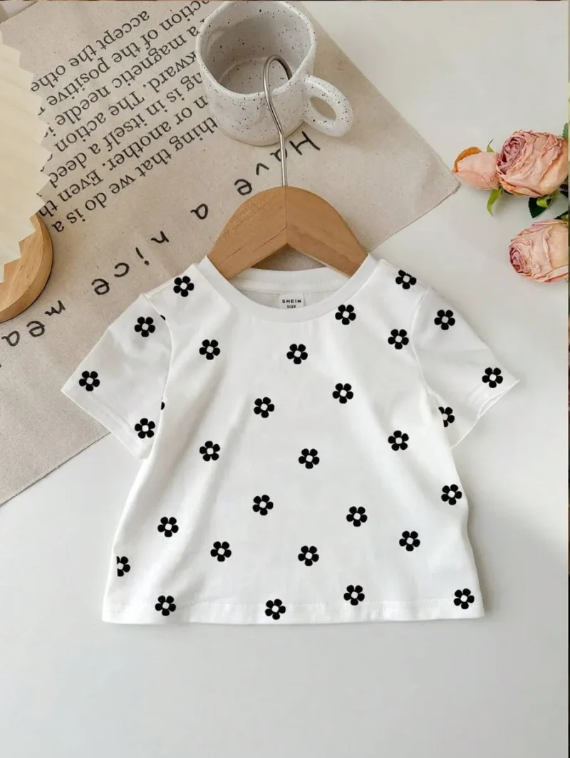 Casual Polka Dot & Flower Print Short Sleeve Crew Neck Top