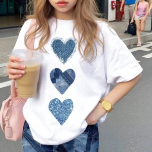 Heart Print Casual Simple Short Sleeve Loose T Shirt