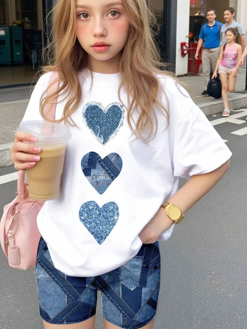 Heart Print Casual Simple Short Sleeve Loose T Shirt