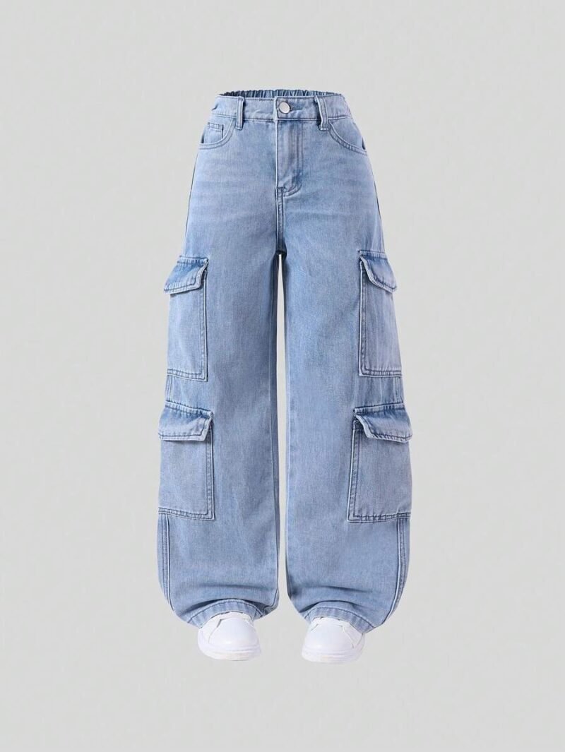 Oversized Multi Pocket Washed Light Blue Cargo Jeans