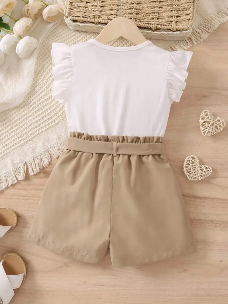 Toddler Girls Heart Print Ruffle Trim Tee & Paperbag Waist Shorts Set