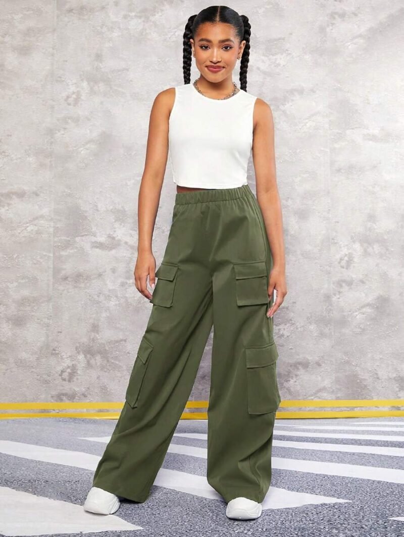 Solid Tank Top & Flap Pocket Side Cargo Pants