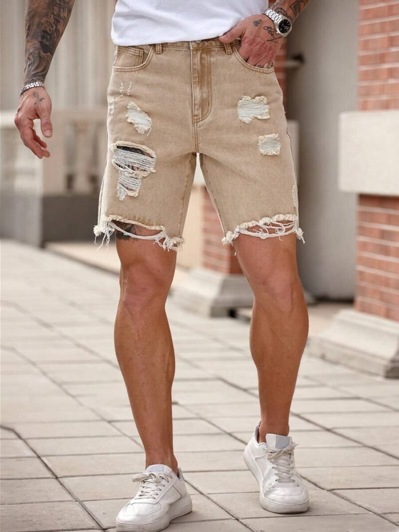 Slim Fit Straight Leg Khaki Denim Shorts