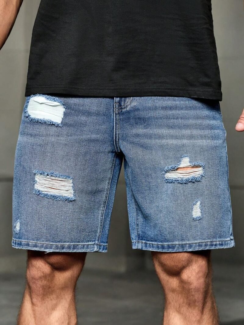 Washed Ripped Plain Light Blue Denim Shorts