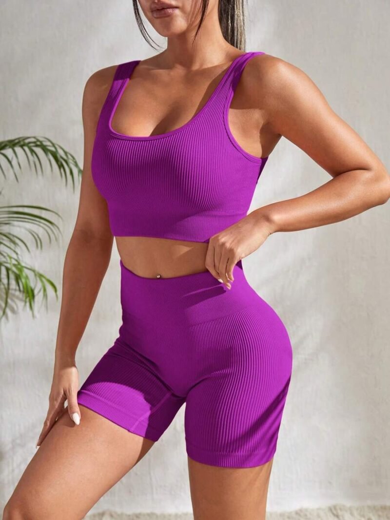 Seamless Yoga Set Sports Suit Ribbed Knit Tank