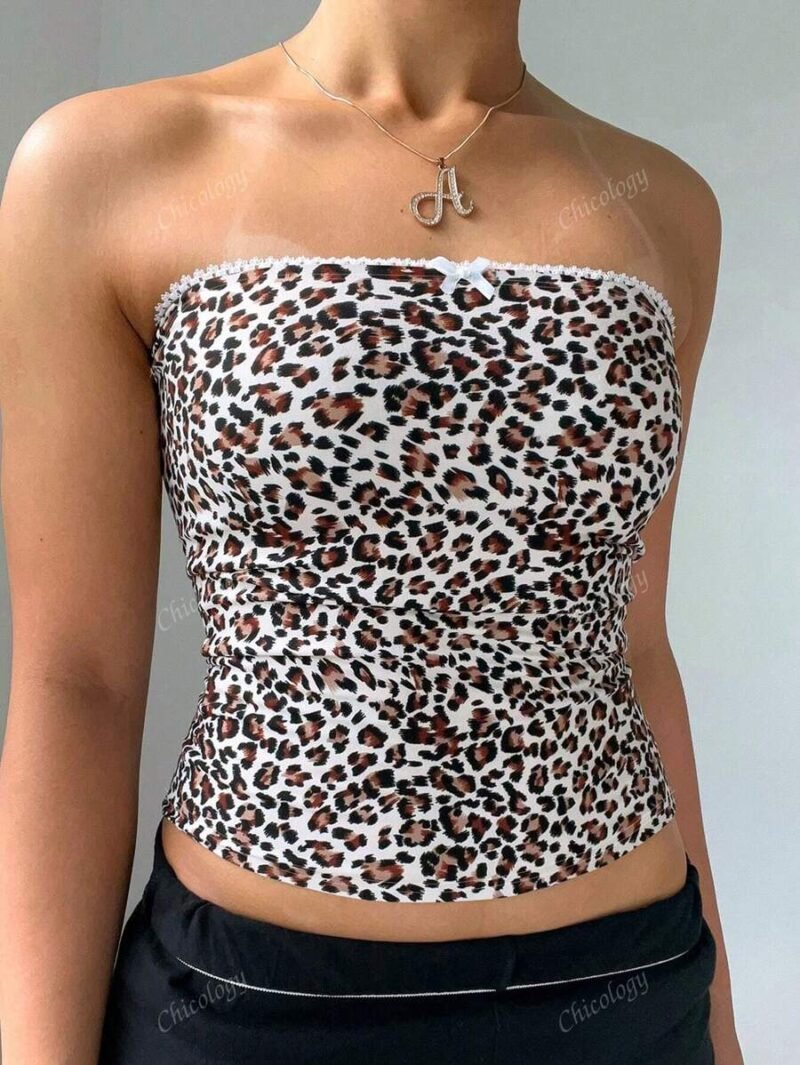 Lace Patchwork Bow Leopard Tube Crop Tanks