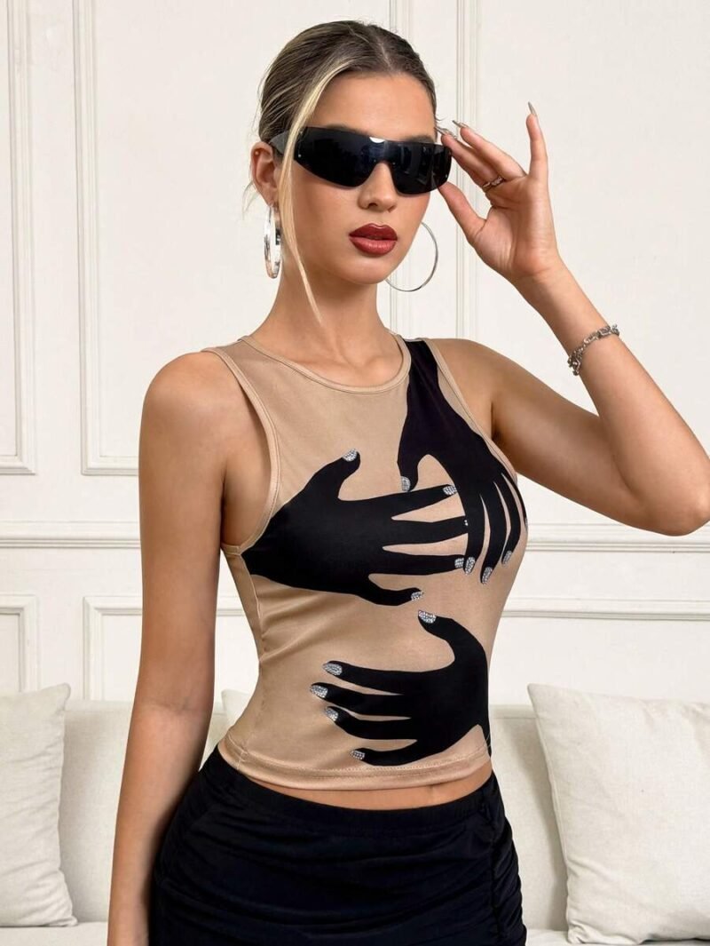 Sleeveless Printed & Rhinestone Embellished Tank Top