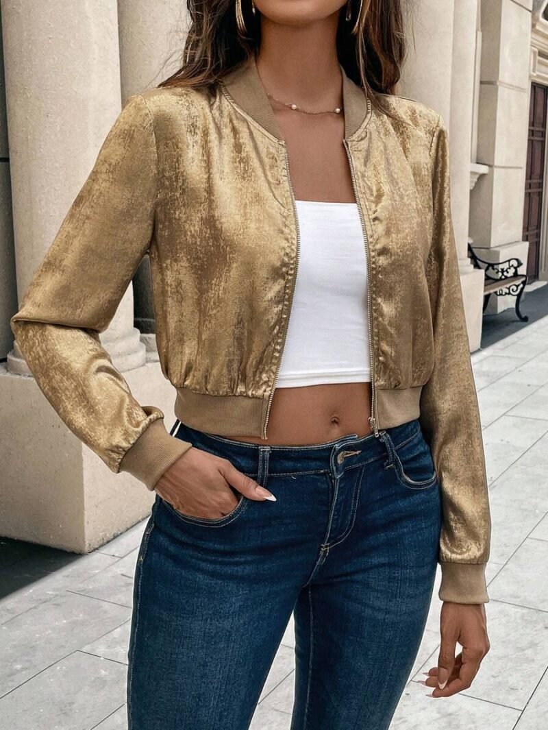 Gold Zipper Ribbed Cuffs Baseball Jacket