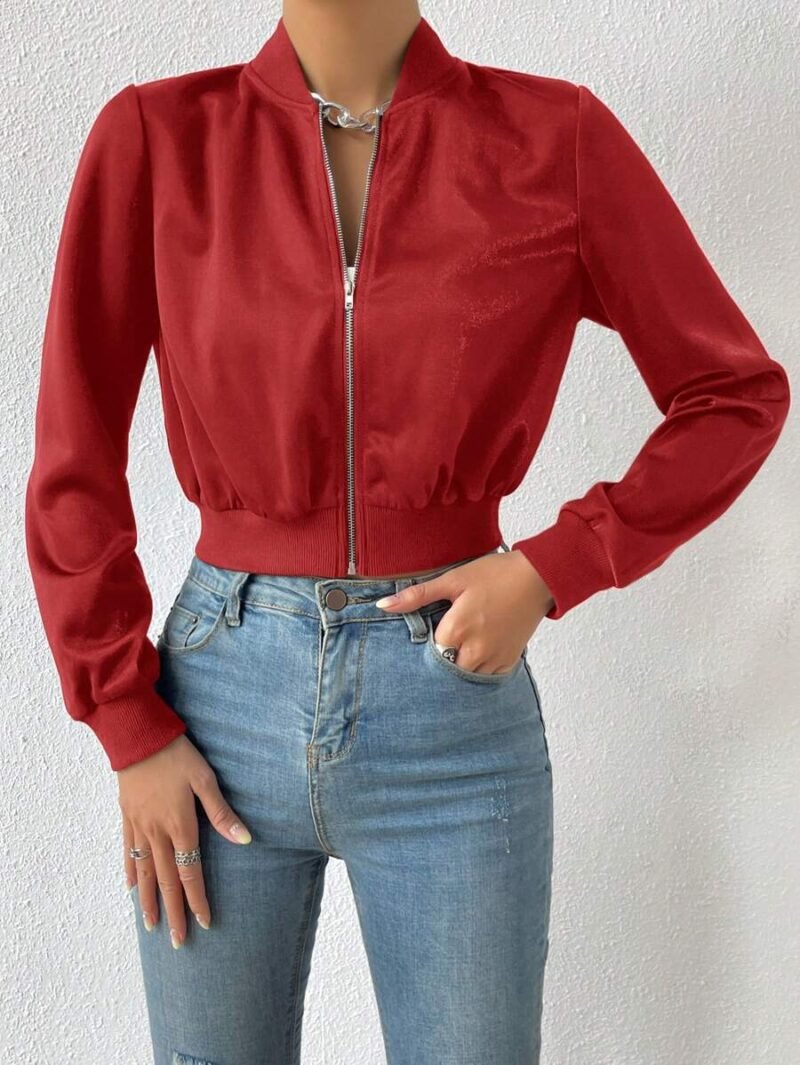 Spring ClothesSolid Zip Up Crop Bomber Jacket