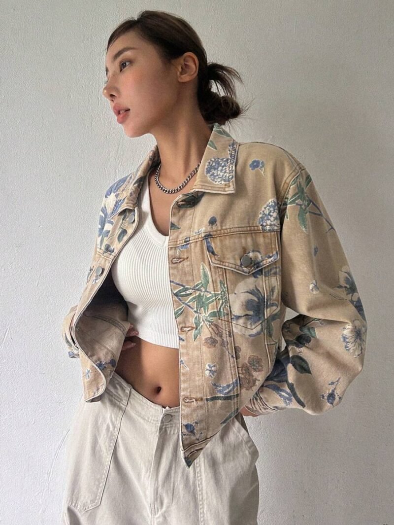 Floral Print Drop Shoulder Denim Jacket