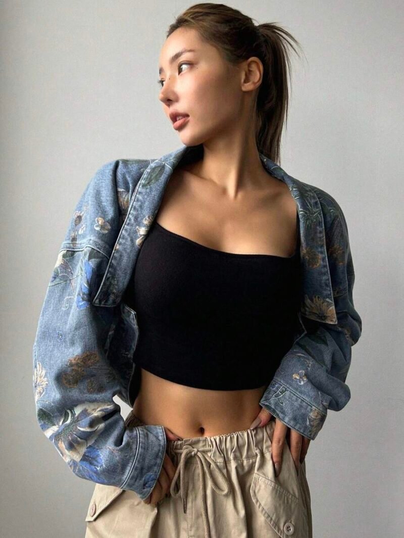 Floral Printed Open Front Denim Jacket