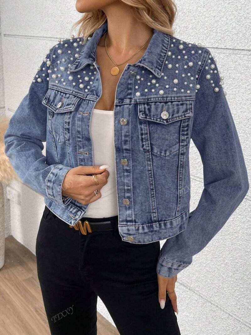 Short Denim Jacket With Rivet & Pearl Decoration