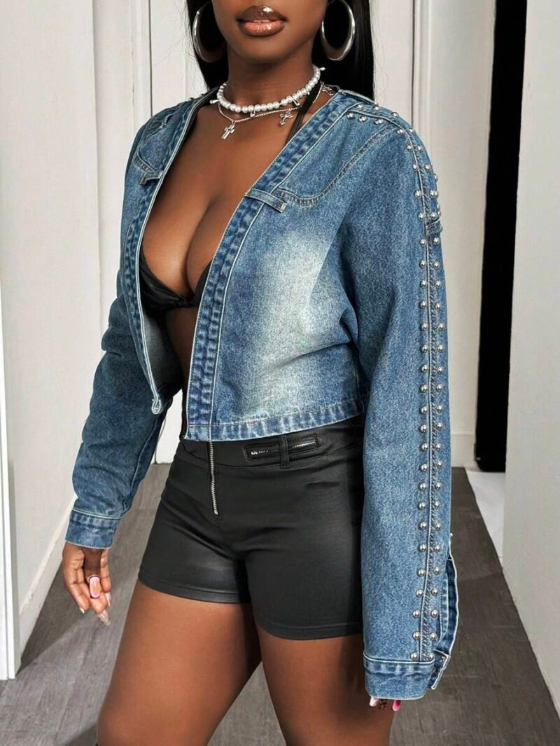 Streetwear Style Rivet Decor Denim Jacket