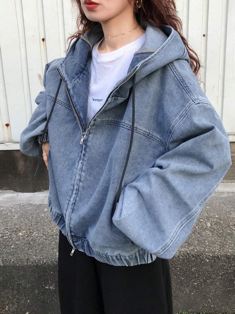 Zip Up Long Sleeve Pocket Casual Hoodie Denim Jacket