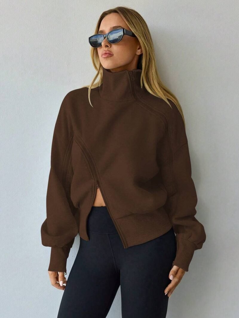 Lantern Sleeve Zip Up High Neck Fleece Hoodie Jacket