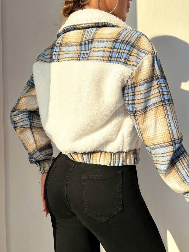 Plaid Print Borg Collar Teddy Jacket