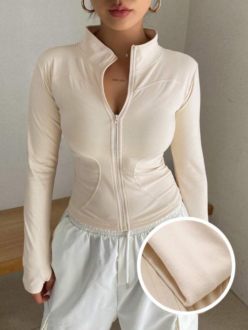 Solid Color Stand Collar Slim Fit Fleece Jacket