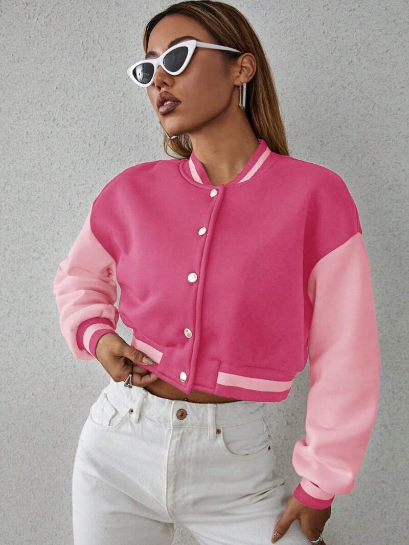 Drop Shoulder Two Tone Crop Varsity Jacket