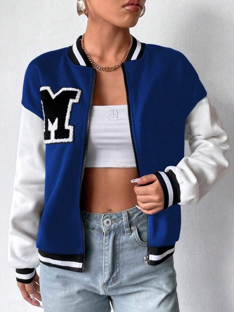 Letter Patched Striped Trim Drop Shoulder Two Tone Varsity Jacket